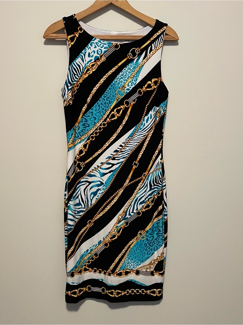 Cache Belt Chain Link Animal Print Bodycon Sheath Dress Sleeveless Clubwear 0 - Picture 2 of 4